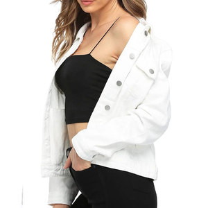 White Denim Trucker <b>Jacket</b> <b>Women</b> Full Sleeve Button Front Turn-down Collar Spring Short Length Solid Color Cotton Woven <b>Jacket</b> - Product Image 5