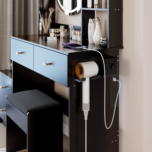 Specchio a Figura Intera con Armadietto, Tavolo da Trucco LED, Sgabello Imbottito, 2 Prese AC, 2 Porte USB, Stazione di Ricarica, Specchio LED da 17 Pollici di Diametro, Vanità per il Trucco - Product Image 5