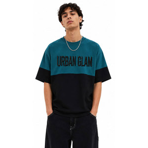 Camiseta Urbana Glam con Bloques de Color, Oversize, Manga Corta, Cuello Redondo, para Hombre, Informal, de Algodón, con Relieve - Product Image 2