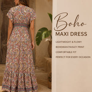 Robe longue bohème pour femme à col en V, imprimé cachemire, avec manches courtes à pompons, coupe ample et fluide, idéale pour la plage, les vacances et les stations balnéaires - Product Image 3
