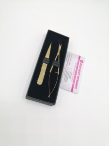 Gold Plated Eyebrow Tweezers Stainless Steel Pointed Tip Tweezer With Eyebrow Hair <b>Trimming</b> Spring Scissor & Card Box Packaging. - Product Image 2