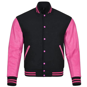Veste varsity en laine noire et rose pour homme, col montant, coupe classique, vêtement d'hiver décontracté - Product Image 2