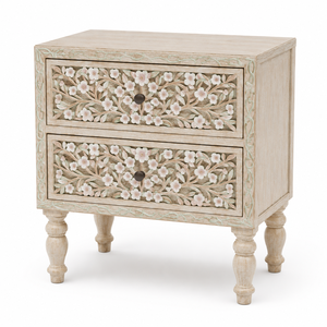 Blossom Haven Eco-Friendly Durable Handmade Whitewashed Mango Wood Farmhouse Floral Carved 2-<b>Drawer</b> Bedroom Nightstand Cabinet - Product Image 3