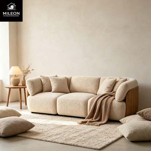 <span class=keywords><strong>Canapé</strong></span> modulaire <span class=keywords><strong>3</strong></span> <span class=keywords><strong>places</strong></span> en tissu Teddy crème, style minimaliste, avec panneau latéral en bois massif pour salon résidentiel - Product Image 1