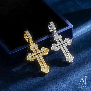 AARVA JEWELS Pendentif Croix Hip Hop en Argent 925 Plaqué Or Jaune avec Moissanite Ronde Brillante Sertie Griffe pour Unisexe - Product Image 5