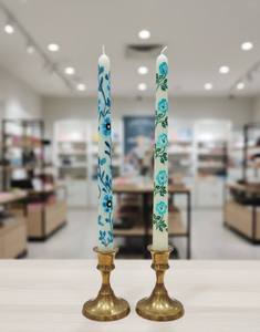 Hand-Painted Blue Floral <b>Taper</b> <b>Candles</b> Set of 2 in Brass Holders for Home Decoration - Product Image 3