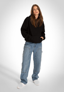 เสื้อฮู้ดดี้โอเวอร์ไซส์สีดำสำหรับผู้ชาย ผ้าฝ้ายฟลีซหนานุ่ม ทรงบ็อกซี่ ไหล่ตก สไตล์สตรีทแวร์ รับสกรีนโลโก้ ขั้นต่ำในการสั่งซื้อน้อย - Product Image 6