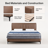 Cadre de lit moderne de luxe en cuir marron rembourré avec tête de lit à panneaux verticaux, matelas blanc et lattes en acier et bois pour mobilier de chambre
