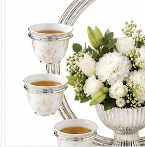 Elegante Supporto in Metallo Argentato per Tazze da Tè e Caffè con Centrotavola Floreale, Espositore Decorativo da Tavolo per Ramadan - Product Image 6