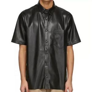 Men's Vintage Style Real Sheep Leather <b>Shirt</b> with Horn <b>Buttons</b> Stand Collar <b>Half</b> Sleeve Winter Vacation Custom Logo OEM Service - Product Image 1