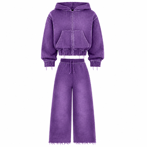Women's Tracksuit Set Full Vintage Loose Fit Zipper With Rhinestone Detailing & Custom Screen Print logo Distrees Premium Look - Product Image 3
