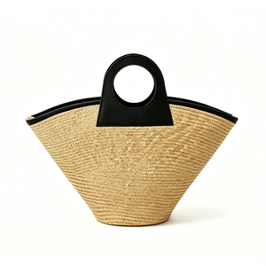 Customized Natural straw ring handle tote bag, <b>black</b> <b>patent</b> contrast trim woven <b>handbag</b>, fan‑shaped straw shopper - Product Image 3