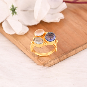 Tanzanite Hydro, Green Amethyst Hydro and <b>Crystal</b> Gemstone Brass <b>Ring</b> Handmade Fashion Jewelry for women - Product Image 3