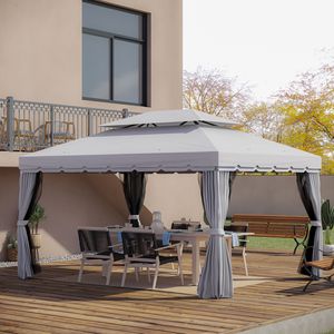 Gazebo da Giardino 10x13 con Telaio in Alluminio, Tetto in Poliestere a 2 Livelli con Rete, Pergola Portatile in Legno Grigia per Esterni - Product Image 2
