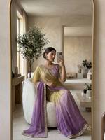 Saree Chiffon Pedding dengan Bordir Payet, Pinggiran Tebal, dan Latkan, Dipadukan dengan Blus Bordir Jahitan Lengkap
