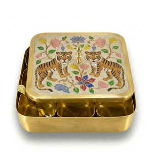 Handcrafted Brass <b>Masala</b> <b>Box</b> with Tiger Meenakari Art Decorative Spice Storage Container for Kitchen Dining Table Gift Use - Product Image 1