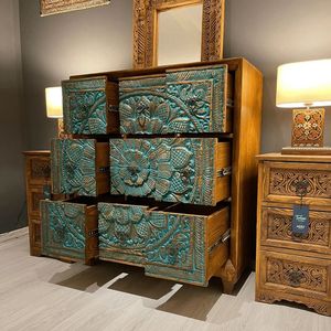 Commode en bois massif sculptée, meuble de rangement modulaire extensible, buffet de style farmhouse pour chambre et salon, console à 9 tiroirs - Product Image 3