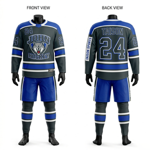 Uniforme de hockey sur glace en polyester interlock premium 240 GSM, devant court, bleu roi, panneau blanc anthracite, design personnalisé par transfert thermique - Product Image 1
