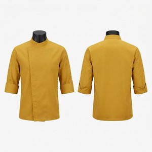 Chaqueta de Chef Premium de Polialgodón Twill 200 GSM Amarillo Mostaza Manga Corta Cuello Mao Negro Hardson para Restaurante y Bar con Botones - Product Image 1