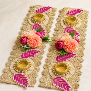 Pink Leaf Floral Diya Decoration Pair Handmade Gold Patti Pearl Wedding <b>Mandir</b> Pooja Festival Home Decor Gift Item - Product Image 2