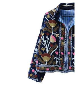 Blouson bomber en velours Suzani floral, brodé à la main, style bohème vintage, réversible, court, coloré, automne-hiver, 100% coton, velours - Product Image 3