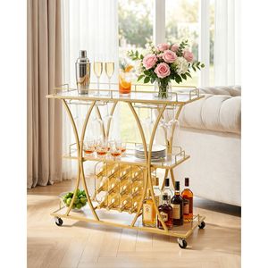 Carrito de Bar con 3 Niveles, Moderno, con Ruedas, para Cocina, con Superficie de Vidrio Templado, para Bebidas - Product Image 6