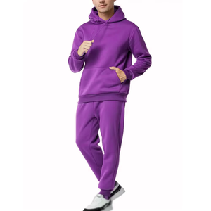 Men's Purple <b>Hooded</b> Tracksuit Solid Color Casual Jogger Pants Set Full Sleeve Breathable Regular Fit Autumn Wear - Product Image 1