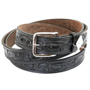 Hand <b>Tooled</b> Full Grain <b>Leather</b> Men's Rotary Embossed Western Fashion <b>Belt</b> in Premium Black and Brown <b>Leather</b> - Product Image 2