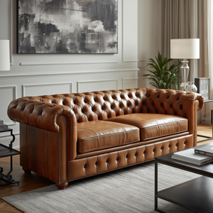 Traditional Brown Leather Chesterfield Loveseat with Rolled Arms and Tufting Classic <b>Sofa</b> for Living Room Office Furniture - Product Image 1