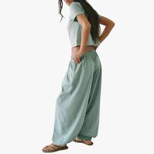 <b>Summer</b> Lightweight Loose Casual Outfit Set Short-Sleeve Cropped Shirt & Wide-Leg <b>Pants</b> Soft Cotton Women Lounge Set - Product Image 3