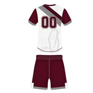 Ensemble uniforme de rugby à manches courtes bordeaux foncé, blanc et gris, avec maillot à col rond à motif et short à cordon de serrage, pour performance athlétique en équipe - Product Image 2