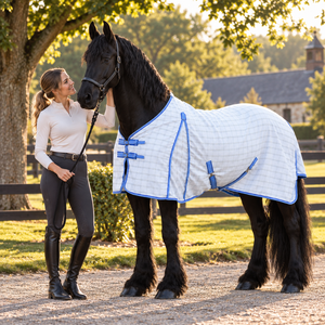 Couverture pour cheval Superior XL avec soufflet d'épaule, double ripstop diamant |   Couverture équine blanche à bordure bleue en polaire avec sangles réglables - Product Image 3