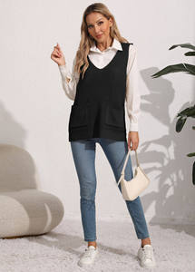 Chaleco de Punto Personalizado Color Vino Tinto para Mujer, Sin Mangas, Largo, con Botones, Cuello en V, Bolsillos Delanteros, Informal, para Invierno, Servicio OEM - Product Image 3