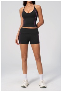 Black 2 Piece Yoga Set Halter <b>Crop</b> <b>Top</b> High Waist Shorts Contrast Stitch Seamless Quick Dry Spandex Polyester - Product Image 6