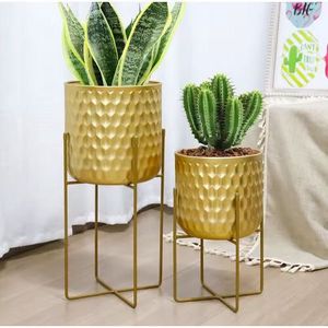 Jardinière en métal martelé doré de luxe avec support, ensemble de pots décoratifs d'intérieur pour la maison et le jardin - Product Image 1