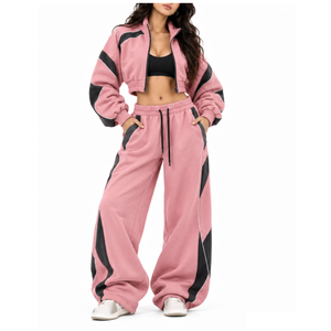 OEM Wholesale Manufacturer <b>Women's</b> <b>Pink</b> Color Block Cropped Zip-Up Jacket Wide Leg Pants Set Contrast Panel <b>Tracksuit</b> - Product Image 4