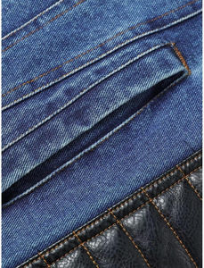 Chaqueta de Mezclilla Azul para Hombre con Mangas de Cuero con Parches, Corte Ajustado, Abrigo de Jean, Ropa Exterior de Algodón, Estilo Casual Urbano - Product Image 3
