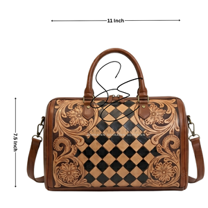 Western Tooled Leather Boston Bag for Women Vintage Floral Carved Checkerboard Speedy Bag Large Capacity Travel Handbag - Product Image 3