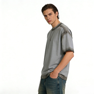 T-shirt en coton uni surdimensionné pour homme 2026, col rond, manches courtes, style streetwear décontracté, avec bordure contrastante en jersey tricoté - Product Image 3