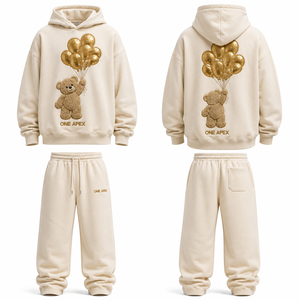 Ensemble de survêtement unisexe de luxe en molleton avec sweat à capuche et pantalon de jogging brodés motif ours en peluche crème surdimensionné – OEM ODM - Product Image 1