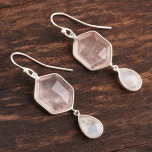 Pendientes Colgantes de Plata de Ley 925 con Piedra Lunar Arcoíris y Cuarzo Rosa, Joyería de Piedras Preciosas Naturales, Regalo para Ella - Product Image 4