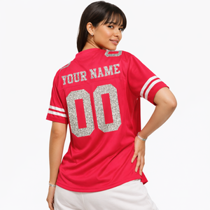 Jersey de Fútbol Americano Rojo Personalizado de Moda 2026 para Mujer, con Número Brillante, Cuello en V, Uniformes de Equipo, Sublimación al por Mayor, Ropa Deportiva OEM - Product Image 4