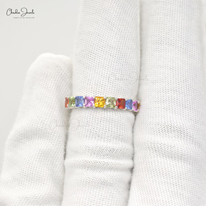 Envío Rápido, Anillo de Media Eternidad con Zafiros Naturales Multicolores de Corte Cuadrado de 3MM, Oro Blanco Sólido de 14K, Anillo de Bodas, Joyería en Stock - Product Image 6