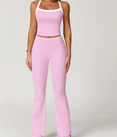 Ensemble de yoga rose deux pièces : haut court dos nu et pantalon évasé taille haute, couleur unie, respirant, écologique, séchage rapide, Spandex/Nylon