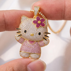 Colgante de Moissanita Estilo Hip Hop, Chapado en Oro, con Diseño de Gatito de Dibujos Animados, Microincrustaciones Rosas y Blancas, para Mujer - Product Image 1