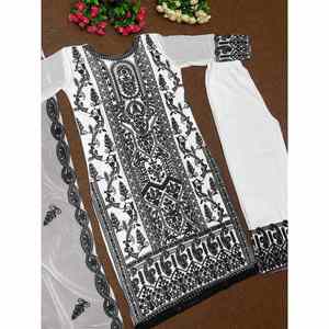 DISEÑADOR GEORGETET PUNTADA DE CADENA TRABAJO FONDO SUPERIOR CON DUPATTA BLANCO - Product Image 3