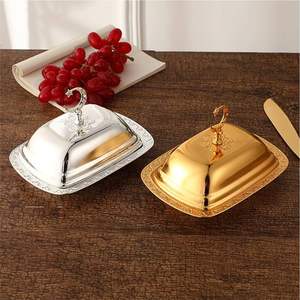 Plateau à beurre de luxe en métal doré et argenté avec couvercle, boîte à beurre en acier inoxydable avec poignée en forme de croissant de lune, plateau de service de style turc - Product Image 1