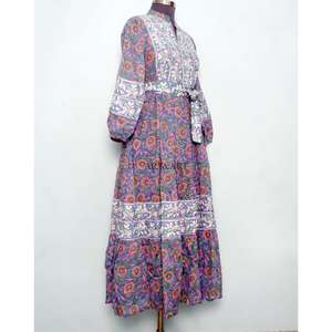 Vestido Maxi de Algodón 100% con Estampado de Bloques Suaves y Mangas Abullonadas para Mujer - Ropa Formal Elegante para Fiestas - Product Image 5