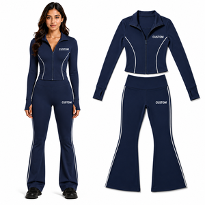 Custom Piping Long Sleeve Zip Up Navy Blue Collared Top <b>Flared</b> <b>Leggings</b> Two Piece <b>Womens</b> Activewear Tracksuit Gym Yoga Suit Sets - Product Image 1
