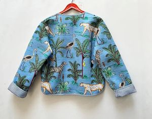 Block Printed Quilted Eco-Friendly Reversible Winter Bomber <b>Jacket</b> Floral Print Handmade Cotton Coat - Product Image 5